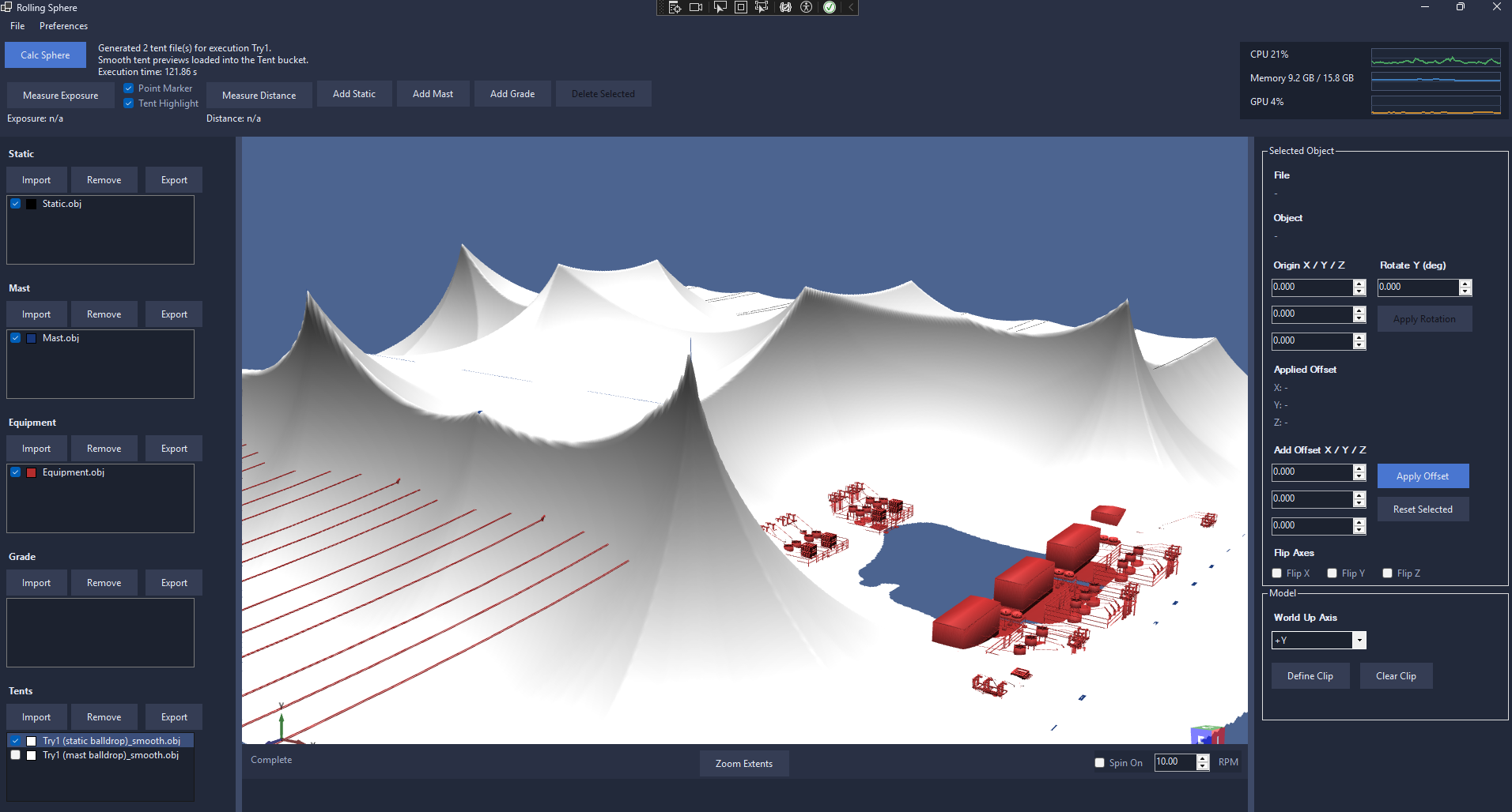 Rolling Sphere Engine screenshot showing mast and wire layout